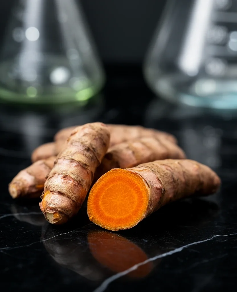 Macro-photographie de curcuma frais dans un environnement de laboratoire